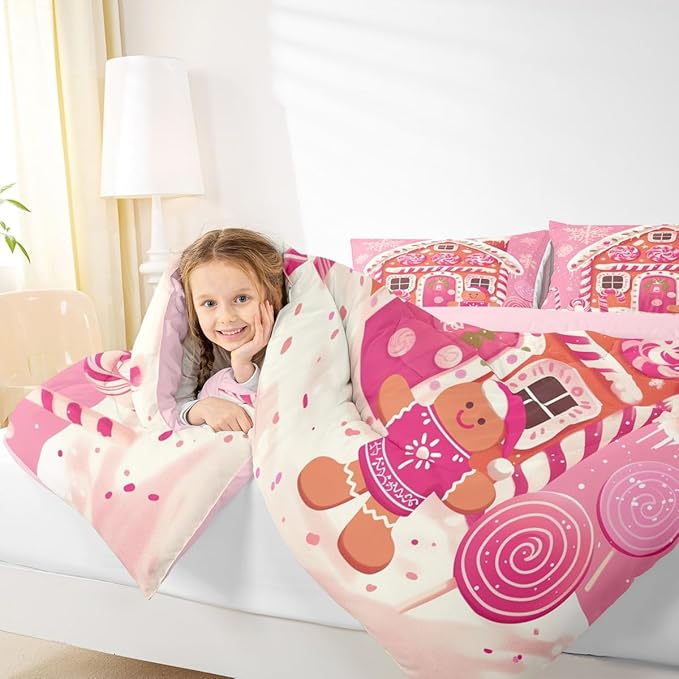 jejeloiu Kids Christmas Theme Comforter Set King Size Xmas Gingerbread Man Candy Cane House Bedding Set for Boys Girls Teens Hot Pink Winter Happy New Year Duvet Quilt Room Decor