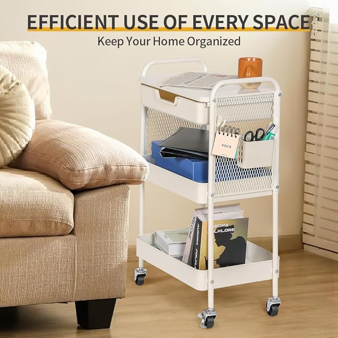 3-Tier Rolling Cart with Drawer, Metal Utility Storage Cart Organizer with Lockable Wheels&Hanging Cups&Hooks, Mobile Storage Craft Carts Trolley with Mesh Shelves for Kitchen, Office-White