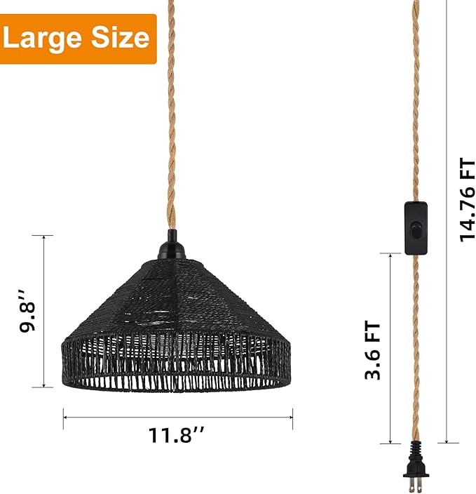 Plug in Pendant Light Rattan Hanging Lamp with On/Off Switch 15 Ft Hemp Rope Modern Woven Pendant Light Fixtures 12" Handwoven Rattan Basket Shade Boho