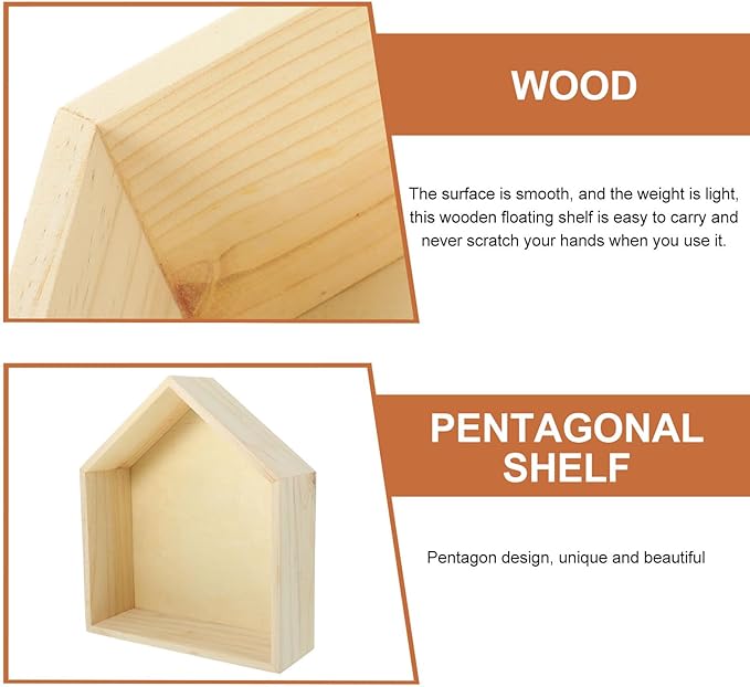 Cabilock Wooden Wall-Mounted Floating Shelf Pentagonal Display Rack for Bedroom Storage and Decor Medium Natural Wood House-Shaped Shelf for Books and Living Spaces