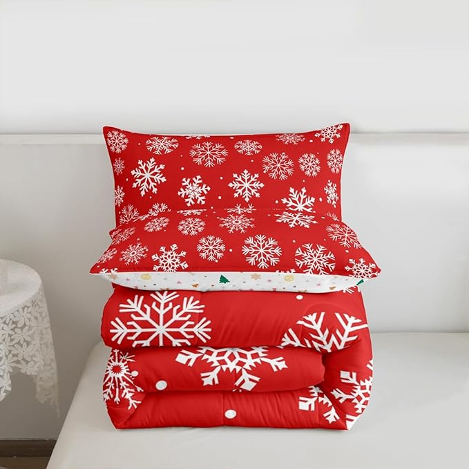 Feelyou Christmas Comforter Set All Season Winter Snowflake Bedding Set with 2 Pillow Cases Xmas Festival Microfiber Kids Full Bedclothes Snowflake Red Bedroom Decor Duvet Quilt Breathable Soft