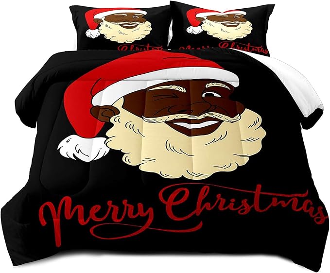 LUVIVIHOME 3PCS Christmas Comforter Set King Size, Funny African American Black Santa Claus Bedding, Winter Xmas Merry Christmas Bedroom Decor for Kids Boys Girls Teens, Xmas Gifts, 2 Pillow Shams