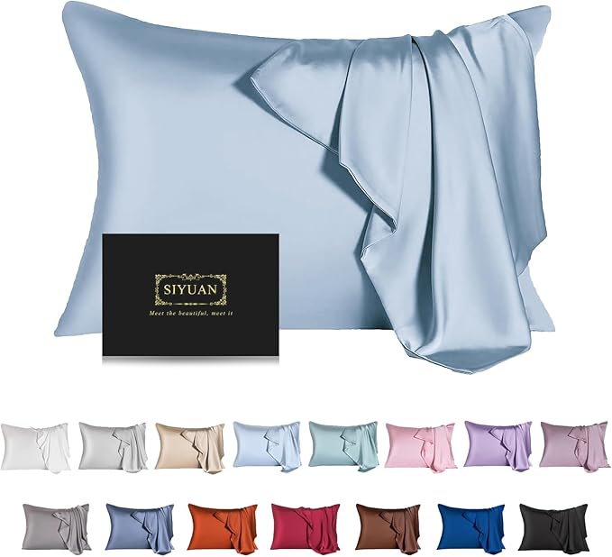 Mulberry Silk Pillowcase for Hair and Skin,Cooling Silk Pillow Case with Hidden Zipper,Allergen Proof Dual Sides Soft Breathable Smooth Silk Pillow Cover for Women (Light Blue,Standard)