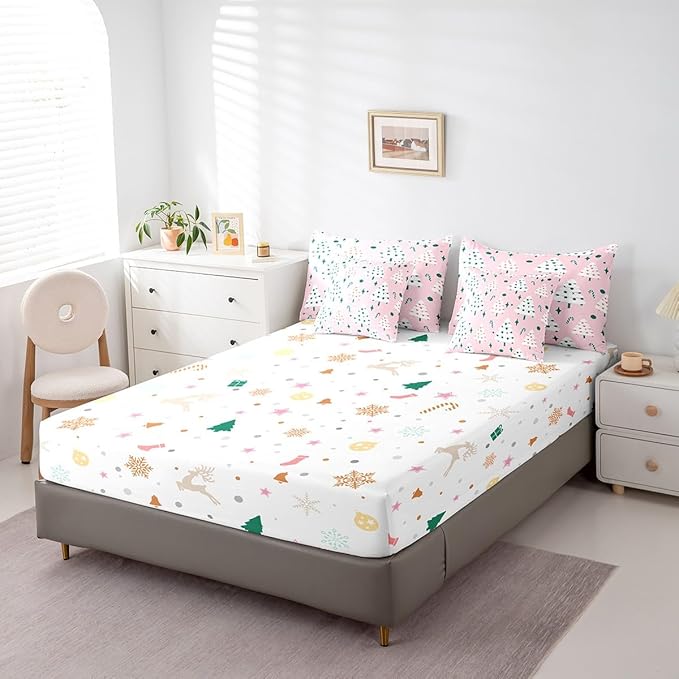 Feelyou Christmas Girly Comforter Set with Sheets Kids Christmas Tree Bedding Set Boys Girls Snowflake Candy Decor Bed in a Bag Xmas Theme Pink Bed Set Bedroom Queen Size