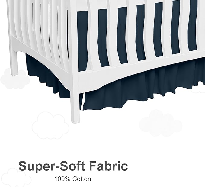 Crib Bed Skirt Dust Ruffle with Split Corners, 100% Cotton, Navy Blue Nursery Crib Skirt for Baby Boys or Girls, 28x52, 14" Drop, Toddler Bed Skirt, Baby Bedding, Crib Sheet Skirt, Soft & Breathable