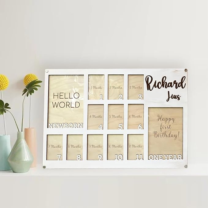 My First Year Picture Frame – Milestone Photo Board for Baby’s First Year Memories, Displays Two 4x6 and Twelve 2x3 Photos, Custom Wall Picture Frame Gift for Nursery