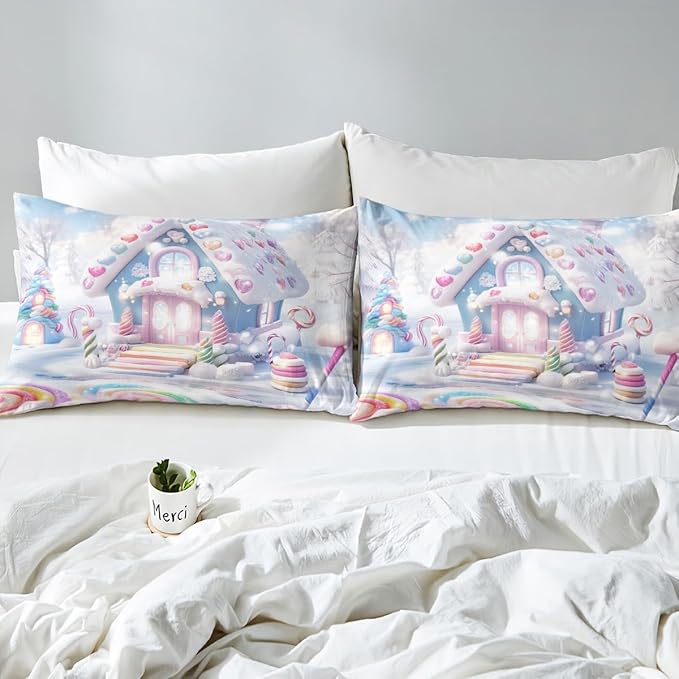 Manfei Christmas Kids Duvet Cover Set King Size, Cute Candy Cabin Xmas Bedding Set for Boys Girls Room Decor, New Year Winter Comforter Cover, Soft Polyester Quilt Cover, 2 Pillowcases, No Comforter