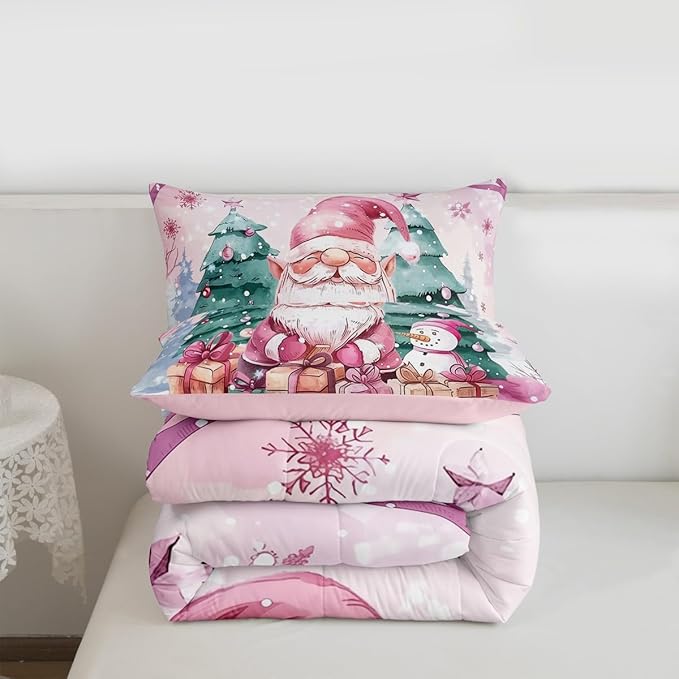 Feelyou Pink Christmas Comforter Set All Season Santa Claus Bedding Set with 1 Pillow Cases Cute Snowflake Kids Twin Bedclothes Merry Christmas Tree and Snowman Decor Duvet Quilt Soft