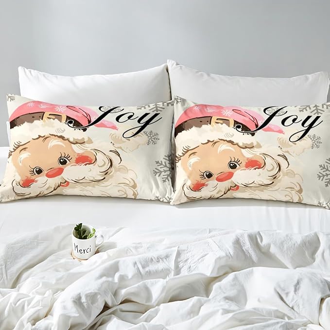 jejeloiu Pink Christmas Bedding Set for Kids Boys Girls Santa Claus Comforter Cover Set Queen Size New Year Decor Duvet Cover Bedroom Decor Xmas Bedspread Cover Bedding Collection 3Pcs