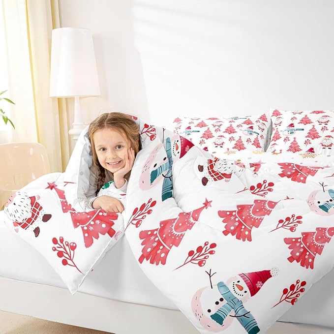 Feelyou Merry Christmas Comforter Set All Season Xmas Tree Snowman Bedding Set with 1 Pillow Cases Santa Claus Microfiber Kids Toddler Bedclothes Bedroom Decor Duvet Quilt Breathable Soft