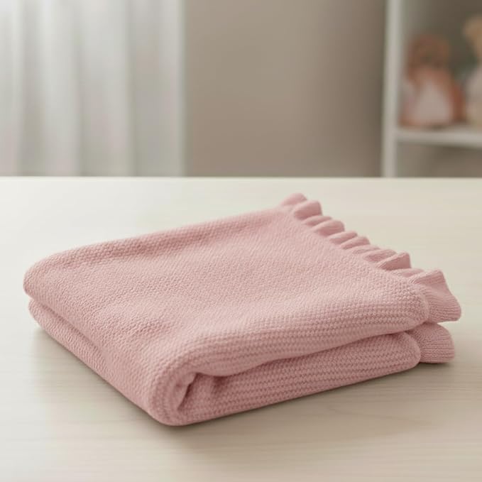 Cotton Baby Blanket with Ruffle Edge Soft Breathable Newborn Blanket for Boys & Girls, Lightweight Knit Throw for Crib, Stroller & Nursery Multiple Colors Available Pink 30x40