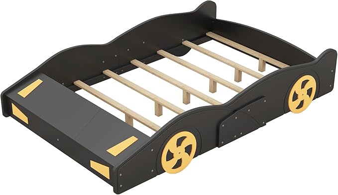 Harper & Bright Designs Full Size Race Car-Shaped Platform Bed with Wheels and Storage, Black+Yellow