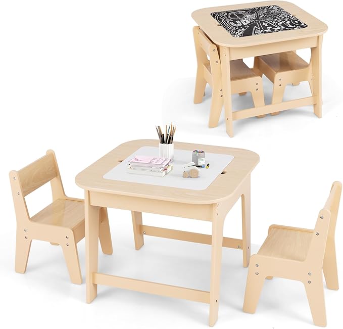 INFANS Kids Table and Chair Set, 3 in 1 Wooden Activity Table with Removable Tabletop, Blackboard and Whiteboard for Toddlers Arts Crafts Drawing Reading Playing, Playroom Nursery (Natural)