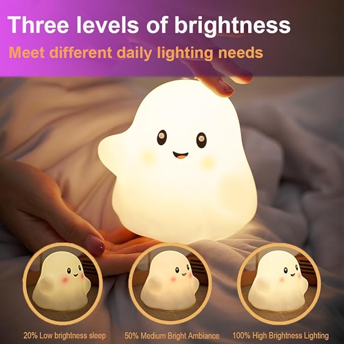 Ghost Night Light for Kids,Halloween Night Light with 13 Interactive Sound Effects ,Cute Silicone Light with 3 Levels of Brightness,Suitable for Indoor Halloween Decorations and Family (white ghost)