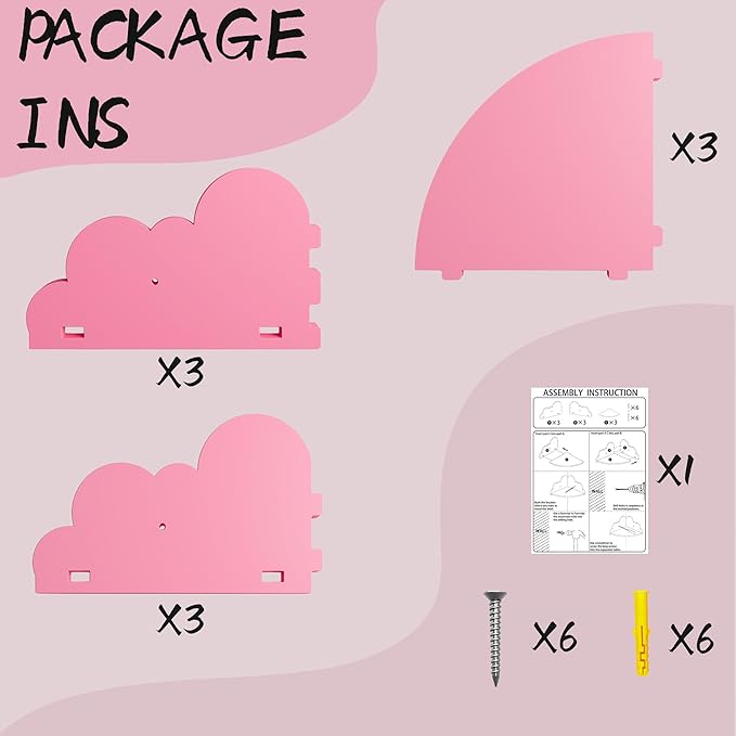 Cloud Floating Corner Shelves - Set of 3 Cloud Corner Wall Shelves for Kid’s Room, Corner Shelf Nursery Wall Deor, Small Cute Cloud Dispaly Shelf Wall Mounted for Toys, Plants & Storage,Pink.