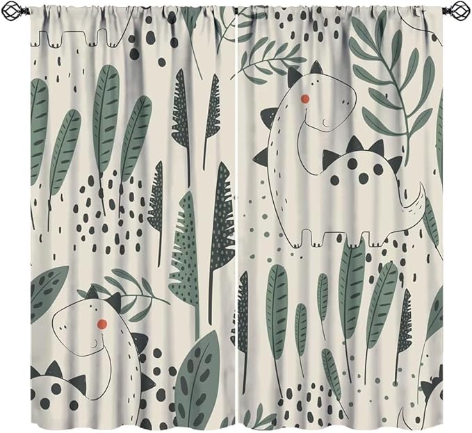 Funny Dinosaur Curtains, Jungle Cute Cartoon Animals Tropical Leaves Plant Beige Green Print Blackout Window Treatments for Kids Boys Girls Bedroom Living Room 72x63in