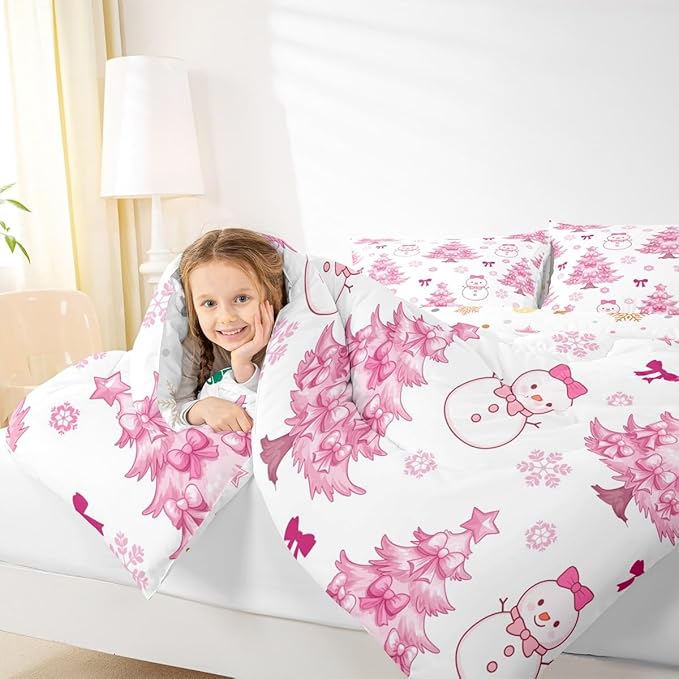 Feelyou Merry Christmas Kids Comforter Set Full Size Cute Snowman Bedding Set Cartoon Bowknot Duvet Quilt for Kids Boys Girls Bedroom Christmas Tree Decor Microfiber Ultra Soft Breathable