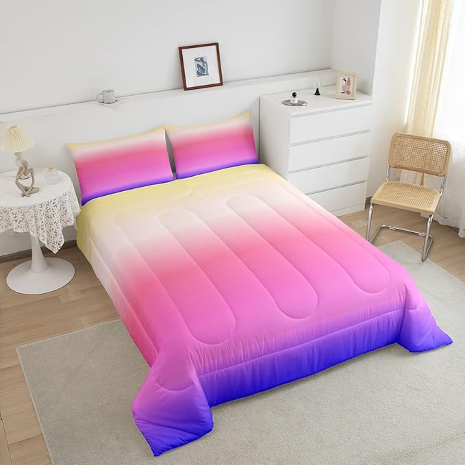 Feelyou Ombre Comforter Twin, Pink Purple Ombre Comforter Set for Boys Girls Rainbow Gradient Duvet Set 2Pcs