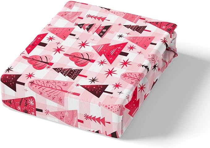Manfei Cartoon Tree Duvet Cover Set Full Size, Christmas Theme Bedding Set 3pcs for Kids Girls Adults, New Year Pink Plaid Comforter Cover Soft Polyester Quilt Cover with 2 Pillowcases,No Comforter