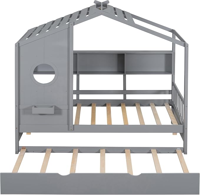 Merax Wood Twin House Daybed with Trundle & Book Shelf, Low Sofa Day Bed for Boys Girls No Box Spring Needed Gray