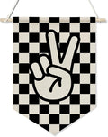 Peace Sign Wall Hanging Banner,Black and White Checkered Canvas Flag for Boys Room, Teen Room, Cool Skateboard Vibes Poster Decor, Retro Hand Gesture Hanging Sign 11x16inch(KD28)