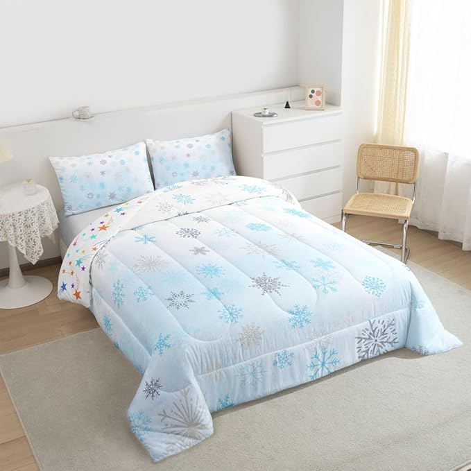 Feelyou Glitter Snowflake Comforter Set King Size, Blue Snowflake Comforter Kids Toddler Ombre Bedding Set Winter Theme Duvet Set Microfiber Bed Set