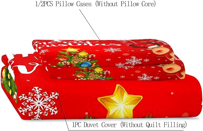 LUVIVIHOME 3PCS Christmas Duvet Cover Full Bedding Set, Kids Bedding, Santa Claus Snowman Reindeer Elf Snowflake Christmas Tree Holiday New Year Xmas Red Christmas Comforter Quilt Cover 2 Pillow Shams
