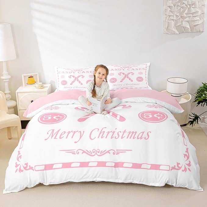 jejeloiu Christmas Bedding Set Twin Size Kids Christmas Quote Comforter Cover Set for Boys Girls Teens Candy Canes Print Duvet Cover Xmas Bedspread Cover Room Decorations Pink Quilt Cover