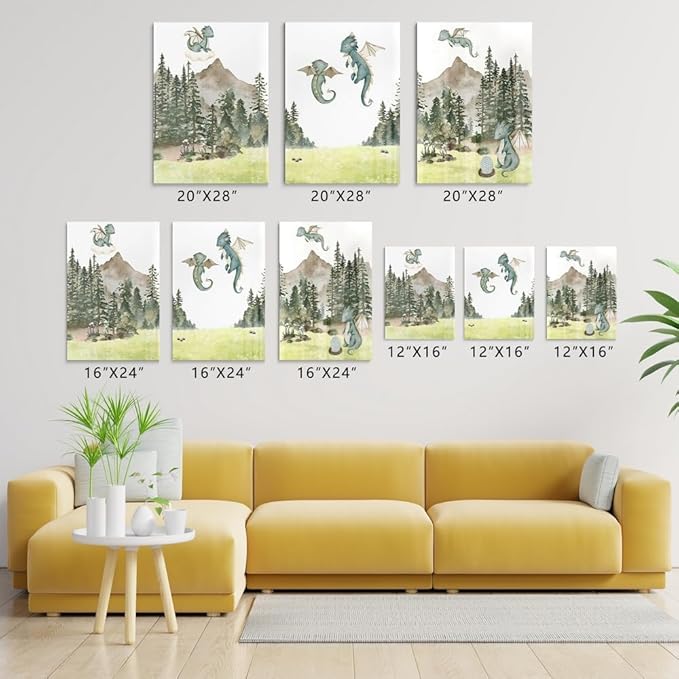 Green Baby Dragon Nursery Wall Decor, Dragon Egg Nursery Print for Baby Boy's Bedroom, Woodland Forest Mountain Wall Art, Nature Animal Art for Kids Room Decor, Framed Set of 3 Canvas, 12"x16"x3