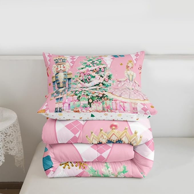 jejeloiu Christmas Nutcracker Comforter Set Twin Size Gingerbread Man Bedding Set for Kids Boys Girls Xmas Tree Duvet Quilt Pink Bedroom Decor