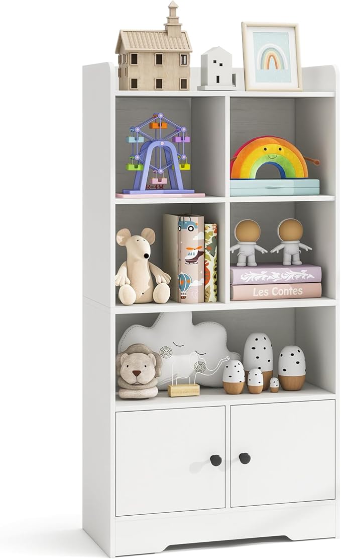 Costzon Kids Toy Storage Cabinet, 47.5" Tall Bookcase w/ 5 Open Compartments & 2 Doors, Multifunctional Display Shelf Home Organizer for Playroom, Nursery, Bedroom, Living Room, Study (White)