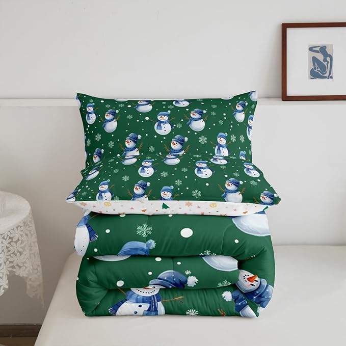 jejeloiu Kids Cute Winter Snowman Comforter Set Twin Size Green Christmas Theme Bedding Set for Boys Girls Teens Xmas Snowflake Happy New Year Duvet Quilt Room Decor
