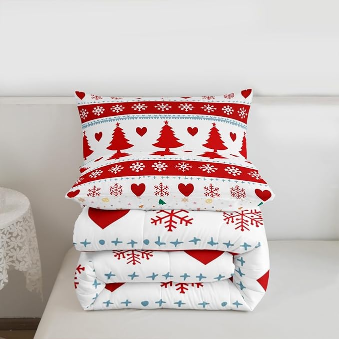 Feelyou Christmas Comforter Set Full Size Xmas Tree Bedding Set for Kids Boys Girls Snowflake Heart Duvet Quilt Geometric Bedroom Decor Microfiber 3 Pcs with 2 Pillow Cases