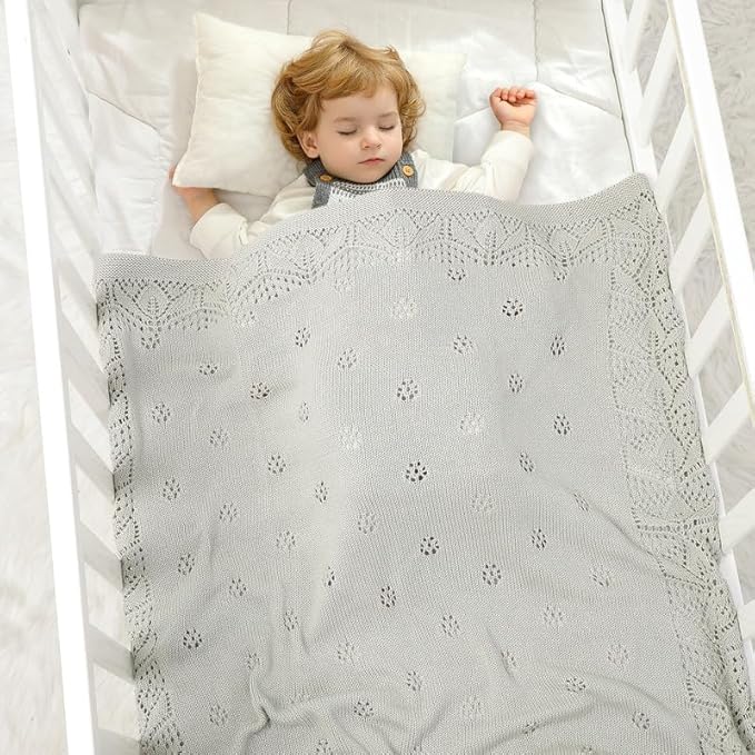 LAWKUL Cellular Blanket Baby 100% Cotton Knitted Soft Knit Crochet Blankets for Newborn Boy Girls Toddler Light Grey 100x80cm