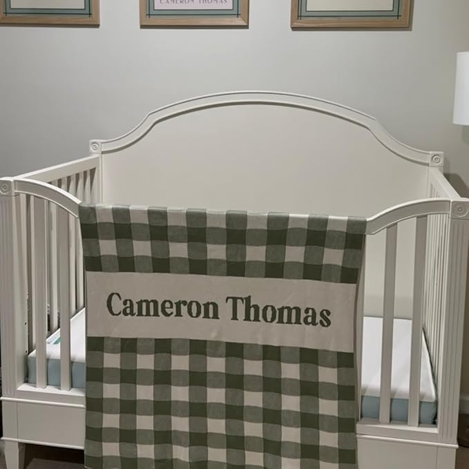 Personalized Gingham Name Blanket – 100% Organic Cotton Customized Baby Blanket, Custom Name, Crib 36x60, Gift for Baby Shower, Birthday Present, Girls and Boys, Toddlers Kids - Made in America