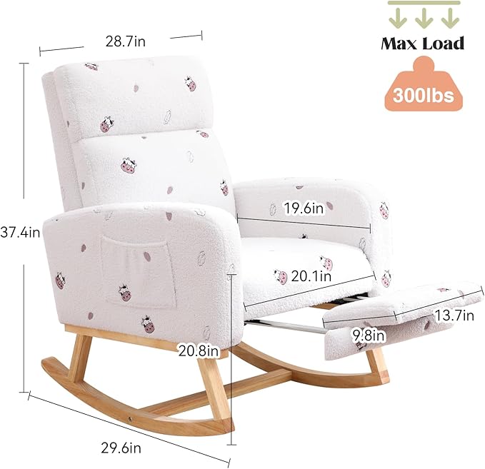 Rocking Chair Nursery with Foot Rest, Nursing Rocking Chairs for Mom Breastfeeding, Teddy Rocker Glider Chair with High Backrest for Living Room, Bedroom, Cow Printed White