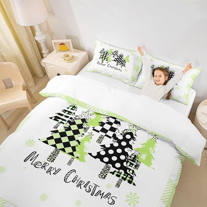 Manfei Xmas Trees Duvet Cover Set Twin Size, Green Plaid Grid Snowflake Bedding Set for Kids Girls Bedroom Decor, Christmas Theme Comforter Cover New Year Quilt Cover with 1 Pillowcase, No Comforter