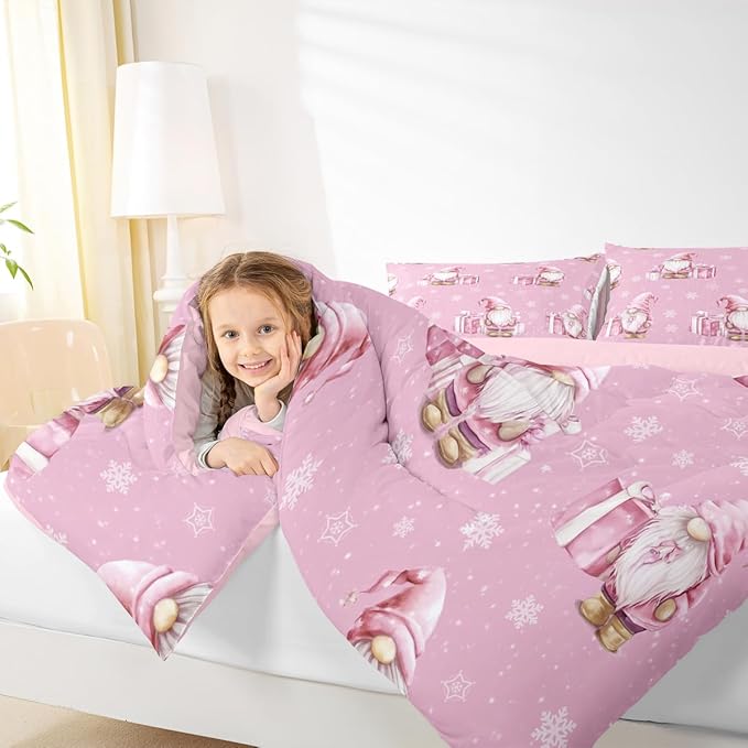 Feelyou Pink Christmas Bedding Set Soft for Boys Girls, Scandinavian Christmas Santa Gnomes Comforter Set King Size Xmas Snowflake Duvet Quilt Bedroom Decor 3 Pcs with 2 Pillow Cases