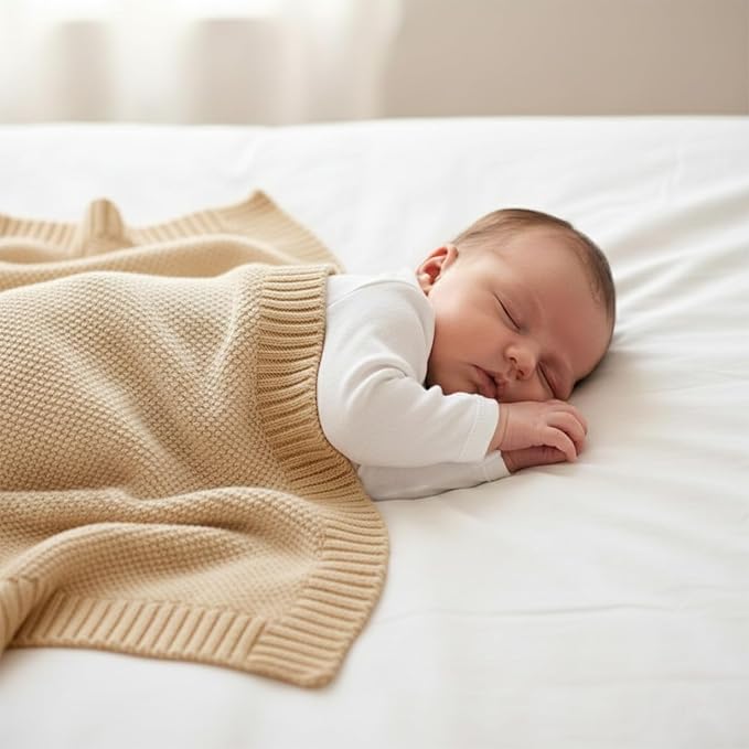 Baby Knit Blanket Soft Cotton Lightweight Newborn Blanket for Crib Stroller Toddler Nursery Shower Gift Cozy Breathable Travel Swaddle Wrap Beige 30 x 30 Inches