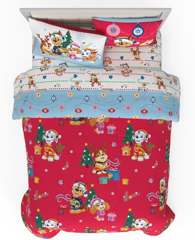 PAW Patrol Holiday & Christmas Kids Bedding Soft Comforter and Sheet Set with Sham, 7 Piece Full Size, (Officially Licensed Product) by Franco