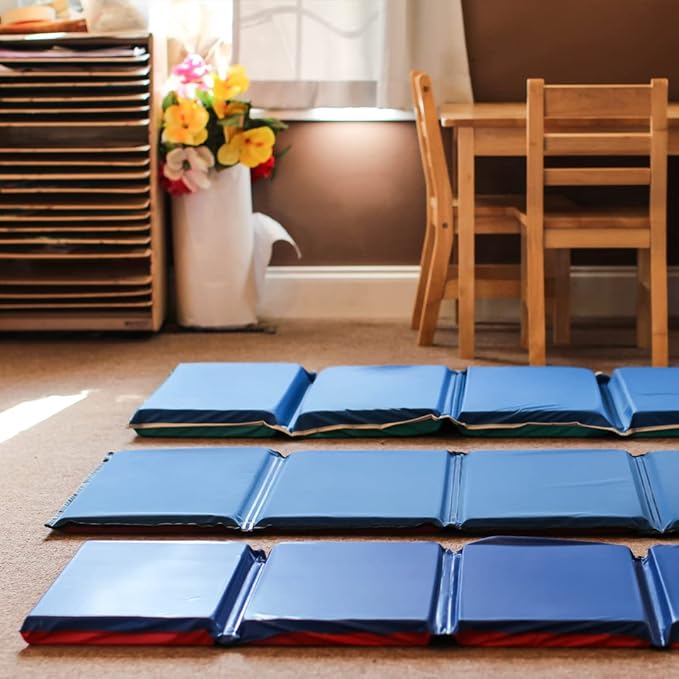 KinderMat, 1" Thick KinderMat, 4-Section Rest Mat, 45" x 19" x 1", Red/Blue with Grey Binding, Great for School, Daycare, Travel, and Home, Made in The USA