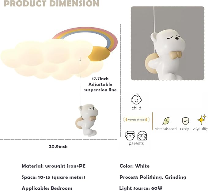 SOMINA Cloud Ceiling Light with Cartoon Animal Rainbow LED Milk White Design for Baby Girl Nursery Boys Bedroom Kids Room Childrens Chandelier Pendant Light