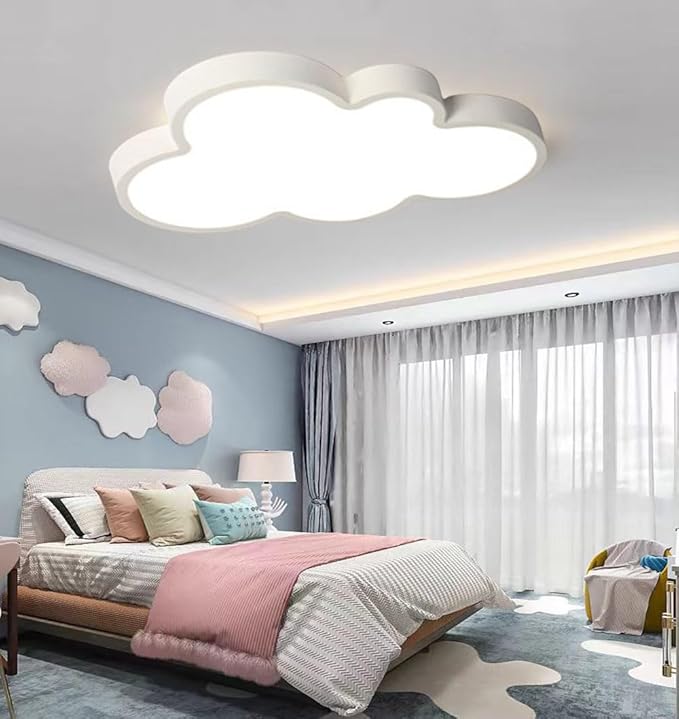 Modern Kids Room Ceiling Light,19in LED Light Fixture/with Remote Adjustable Lighting, Close-to-Ceiling Fixture for Bedroom, Kindergarten, Hallway, Balcony (White)