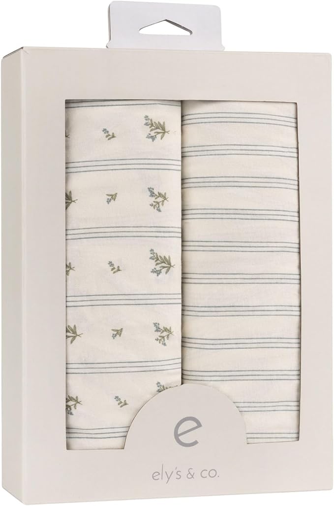 Ely's & Co. Crib Sheets, Baby Boy Fitted Crib Mattress Sheet Set, 2 Pack, 100% Jersey Knit Cotton, Infant and Toddler Nursery Bedding, 28” x 52” Blue Linear Berry Leaf Collection