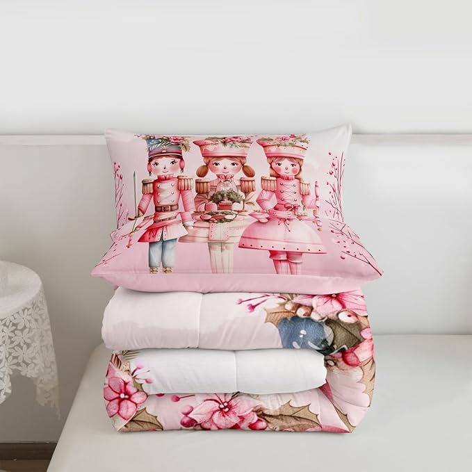 Feelyou Christmas Decor Nutcrackers Bedding Set Soft for Boys Girls, Pink Christmas Comforter Set Full Size Pink Nutcrackers Duvet Quilt Berries Printed Room Decor Kawaii 3 Pcs with 2 Pillow Cases