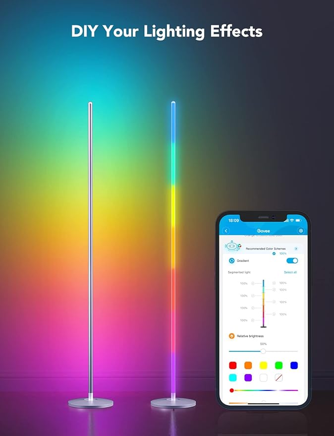 Govee RGBIC Floor Lamp, LED Corner Lamp Works with Alexa, Smart Modern Floor Lamp with Music Sync and 16 Million DIY Colors, Color Changing Standing Lamp for Bedroom Living Room Silver