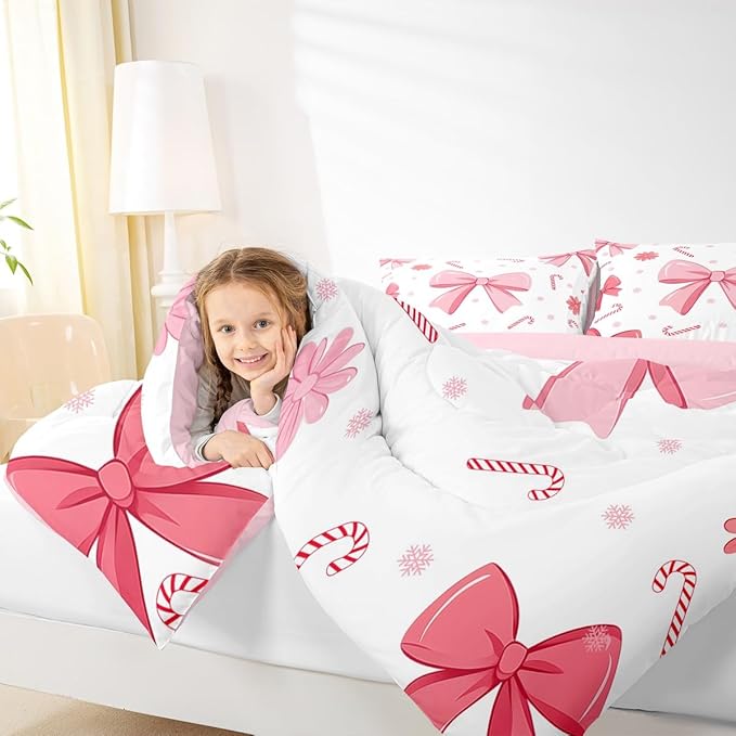 Feelyou Pink Bowknot Comforter Set All Season Christmas Candy Cane Snowflake Bedding Set with 2 Pillow Cases Cute Bow Microfiber Kids King Bedclothes Dreamy Princess Style Bedroom Decor Duvet Quilt
