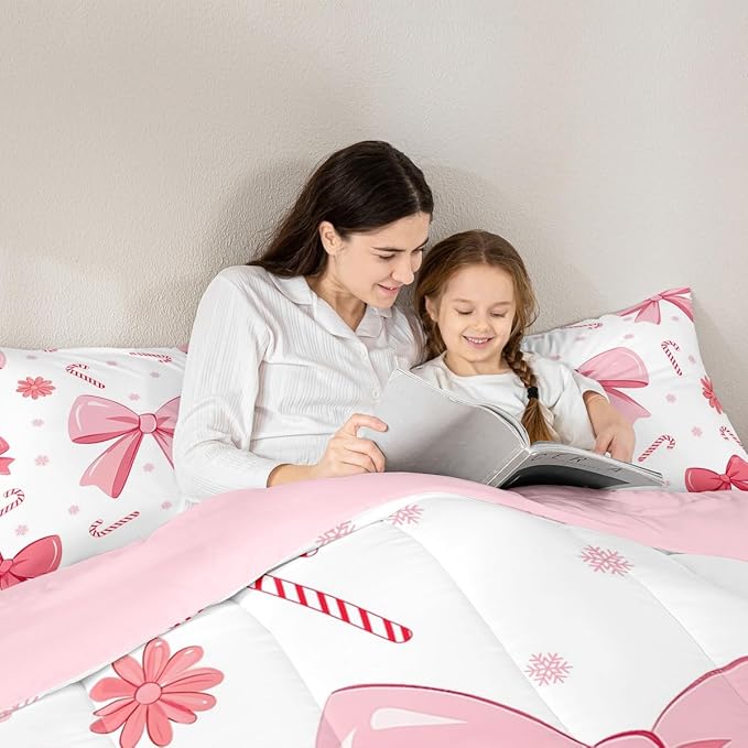 Feelyou Pink Bowknot Comforter Set All Season Christmas Candy Cane Snowflake Bedding Set with 1 Pillow Cases Cute Bow Microfiber Kids Toddler Bedclothes Dreamy Princess Style Bedroom Decor Duvet Quilt