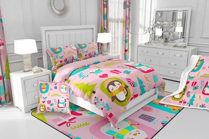 Erosebridal Christmas Cartoon Bedding Set for Kids Cute Snowman Bear Comforter Set Twin Size Xmas Tree Deer Elk Reversible Quilts Kawaii Penguin Animal Duvet Insert Room Decor