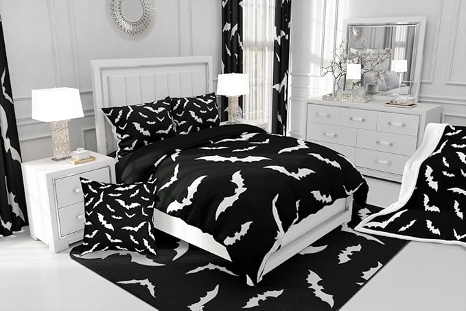Erosebridal Bat Comforter Set Queen Size for Kids Bedroom with 2 Pillow Cases Happy Halloween Bedding Set Gothic Spooky Duvet Insert Cartoon Style Quilt, Black White